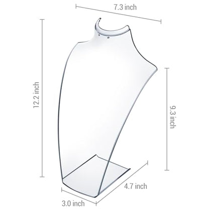 MyGift 12 Inch Clear Acrylic Necklace and Earring 3D Bust Jewelry Display Stand, Tabletop Neck Form Base Chain Holder for Home or Retail Showcase, Set of 2