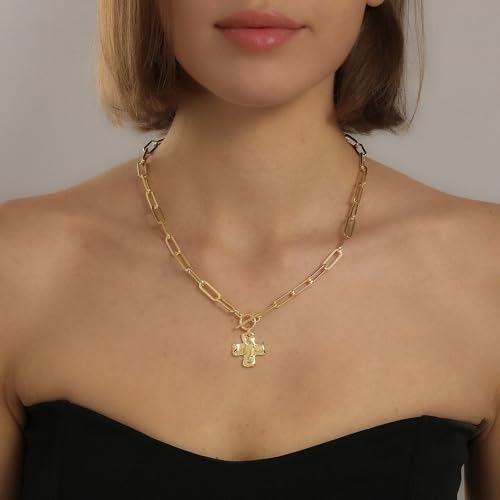 Chunky Cross Necklace for Women Trendy 14K Gold Silver Plated Statement Big Cross Pendant Paperclip Chain Charm Necklaces Religious Faith Easter Basket Stuffers Baptism Costume Jewelry Gift - color: Gold-Toggle-0.8 inch pendant
