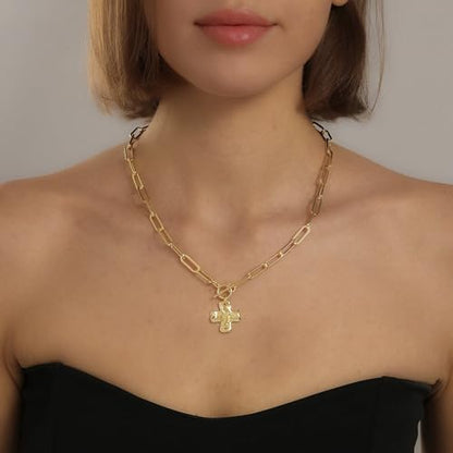 Chunky Cross Necklace for Women Trendy 14K Gold Silver Plated Statement Big Cross Pendant Paperclip Chain Charm Necklaces Religious Faith Easter Basket Stuffers Baptism Costume Jewelry Gift - color: Gold-Toggle-0.8 inch pendant