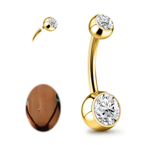 1PC/2PC/3PC G23 Titanium Belly Button Rings 14G 1.6MM Round Cubic Zirconia Belly Rings 6 Sizes of Length to Choose Navel Barbell Belly Piercing Jewelry for Women Men - color: Gold