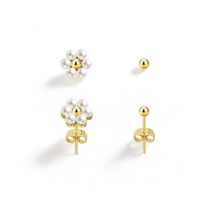 IMBOS Pearl Earrings 14k Gold Plated Daisy Flower Stud Earrings for Women Ball Stud Flat Back Earring Hypoallergenic Statement Earring Trendy Jewelry Gift for Women - color: Gold-Pearl Ball