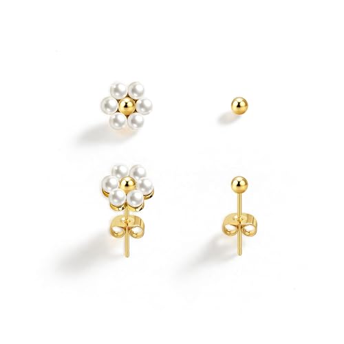 IMBOS Pearl Earrings 14k Gold Plated Daisy Flower Stud Earrings for Women Ball Stud Flat Back Earring Hypoallergenic Statement Earring Trendy Jewelry Gift for Women - color: Gold-Pearl Ball