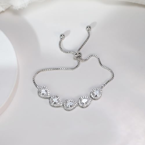 Teardrop Cubic Zirconia Jewelry Set for Women Wedding Prom Bridesmaid Gift | Sparkle Necklace Earrings Bracelet, Bride Formal Party Jewelry - color: White Gold