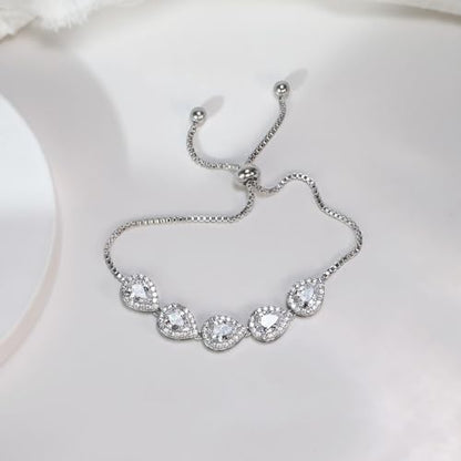 Teardrop Cubic Zirconia Jewelry Set for Women Wedding Prom Bridesmaid Gift | Sparkle Necklace Earrings Bracelet, Bride Formal Party Jewelry - color: White Gold