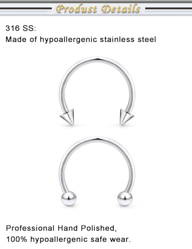 6PCS Septum Rings 18G Stainless Steel Nose Septum Ring Horseshoe Earring Eyebrow Lip Smiley Piercing Jewelry for Women Men Inner Diameter 8mm/10mm/12mm - color: silvertone,ball+spike closure