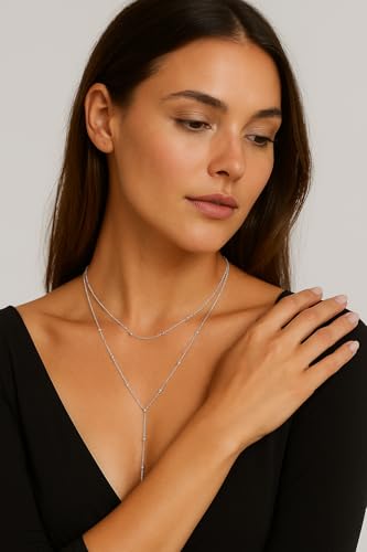 14K Gold Plated Y Necklace for Women – Dainty Lariat Long Pendant Chain, Layered Drop Necklace for V Neck Dress, Simple Sexy Cleavage Jewelry Gifts for Women - color: Silver - Double Layer - Bead