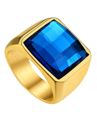 KeyStyle Square Gemstone Signet Rings for Men, Personalized Stainless Steel Pinky Ring with Black Onxy Blue Topaz Birthstone Statement Ring - color: Gold - Blue Topaz - 15mm