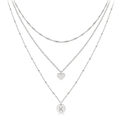 Layered Initial Choker Necklaces Handmade 14K Gold Plated Dainty Heart Personalized Letter Disc Pendant Layering Gold Necklaces for Women Gift Jewelry,Valentines Day Gifts for Mom Wife Girlfriend - style: K-Silver