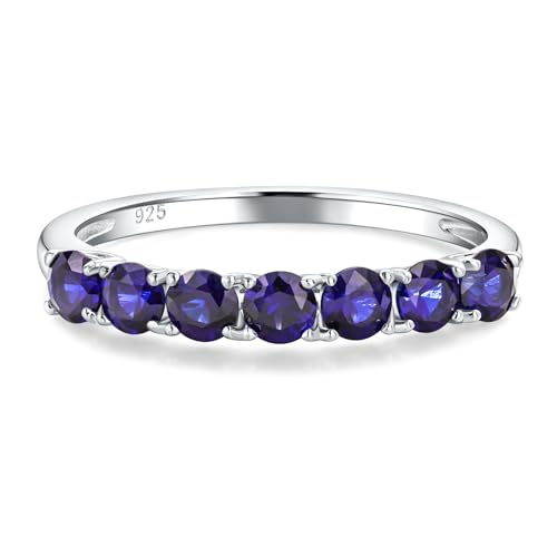 Birthstone Wedding Band Eternity Rings 925 Sterling Silver Rings Stackable Anniversary Engagement Rings Cubic Zirconia Inlaid Created Garnet/Amethyst/Sapphire Ring 7 Stone Ring, Size 6 to 10 - color: Blue Sapphire
