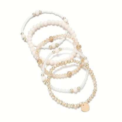 5Pcs Gold Plated Beaded Bracelets Set Boho Beaded Stretch Bracelets For Women Stackable Crystal Handmade Friendship Braeclet Jewelry Gifts