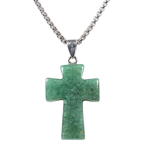 Justinstones 32mm Gemstone Carved Cross Reiki Chakra Pendant With Stainless Steel Necklace 22 Inch - color: Green Aventurine