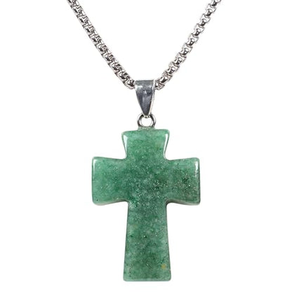Justinstones 32mm Gemstone Carved Cross Reiki Chakra Pendant With Stainless Steel Necklace 22 Inch - color: Green Aventurine