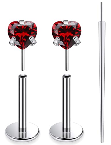 20G 18G 16G F136 Titanium Threadless Flat Back Earrings Nose Studs Tragus Forward Helix Conch Cartilage Lobe Earrings Medusa Labret Snake Bite Monroe Lip Ring Piercing Jewelry For Women Men - color: Red, size: 16G-8MM Bar-CZ 3MM