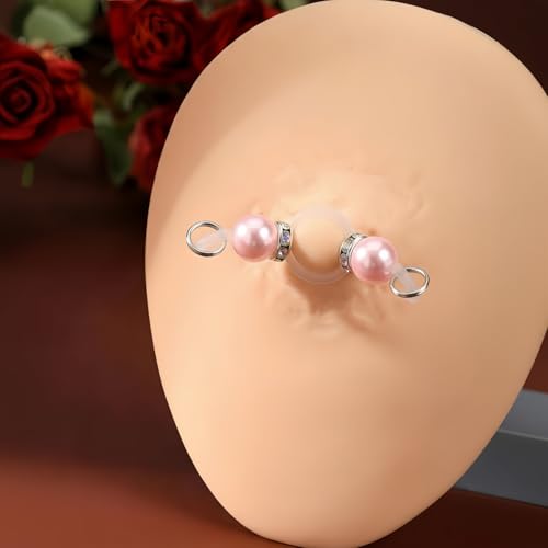 2 Pairs Non-Piercing Nipple Jewelry – Adjustable Silicone Rings with Silver & Gold Beads – Fake Nipple Piercing Look, Pain-Free Faux Nipple Rings for Unisex Adult Body Jewelry - color: White & Pink