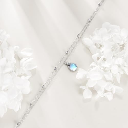 POPLYKE Frog/Pearl/Dragonfly/Ladybug/Highland Cow/Pearl/Moonstone Anklets Sterling Silver Double Layered Chain Beach Anklets for Women Foot Jewelry - style: Moonstone