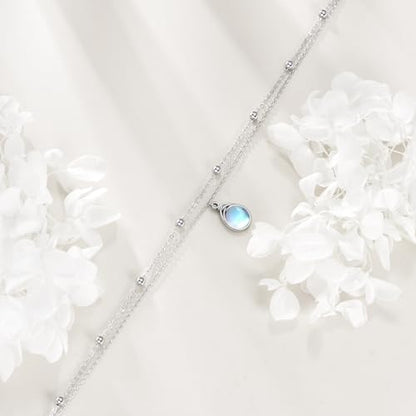 POPLYKE Frog/Pearl/Dragonfly/Ladybug/Highland Cow/Pearl/Moonstone Anklets Sterling Silver Double Layered Chain Beach Anklets for Women Foot Jewelry - style: Moonstone