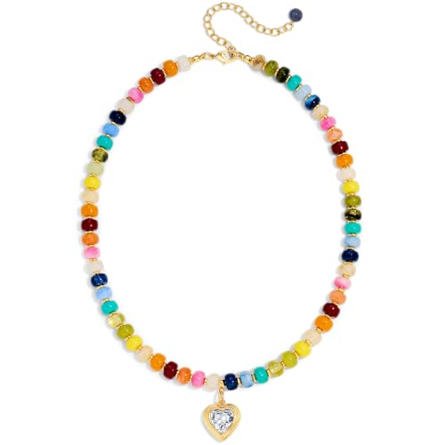 Boho Beaded Choker Necklaces for Women with A Gold Heart CZ - color: Colorful