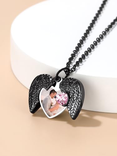 FindChic Locket Necklace for Women Custom Photo Memorial Gifts 4 Colors | Silver/Black/Rose Gold/Gold Plated Personalized for Loved Ones, Birthday Valentine's Day Keepsake - style: 04. Birthstone Style 1-Black