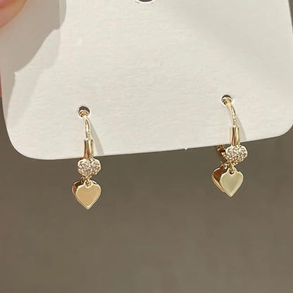 LOVECOM 925 Sterling Silver Heart Dangle Earrings for Women 14K Gold Plated Dainty CZ Love Hearts Charm Huggie Hoop Earrings to Daughter Birthday Wedding Graduation Gifts Jewelry Gifts - color: Glod