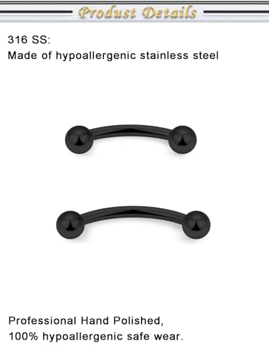 Eyebrow Piercing Jewelry Surgical Steel Vertical Labret Lip Jewelry Curved Barbell Tiny Eyebrow Ring Ear Rook Navel Small Belly Button Ring for Women Men 16g Bar Length 6mm/8mm/10mm/12mm - color: black,ball