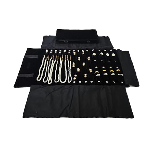 Travel Roll Bag Jewelry Display Storage Organizer Multi-function Velvet Pouch (Black) - color: Black
