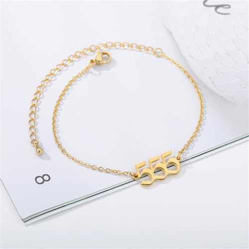 PAURO Women's Angel Number Bracelet Ankle Anklet Chain Adjustable | Stainless Steel, Minimalist Numerology Spiritual Statement Jewelry Gift - color: Gold 555, 5.5+2.8inch