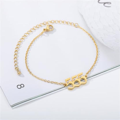 PAURO Women's Angel Number Bracelet Ankle Anklet Chain Adjustable | Stainless Steel, Minimalist Numerology Spiritual Statement Jewelry Gift - color: Gold 555, 5.5+2.8inch