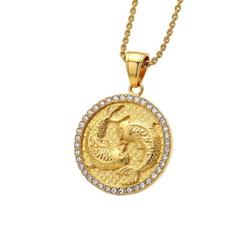 HIJONES Men's Women's Stainless Steel Zodiac Coin Embossed Necklace CZ Astrology Horoscope Pendant Necklace - color: Gold Pisces