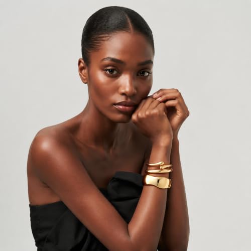Chunky Gold Bangle Bracelets for Women Trendy 14K Gold Plated Cuff Bracelets Stack, Dainty Gold Bracelet Sets Non Tarnish Fashion Jewelry Gift - style: Gold-3pc-004