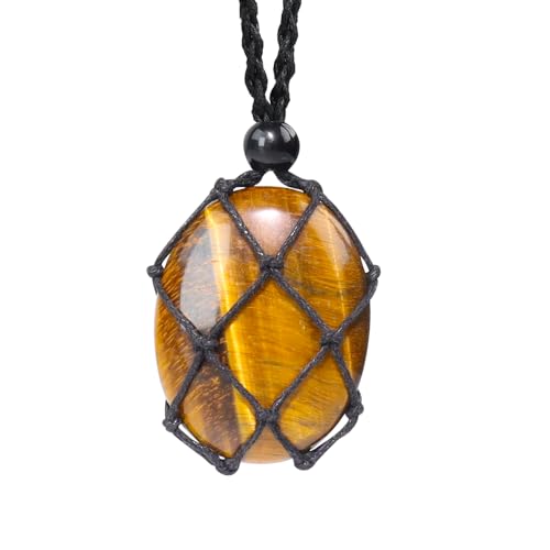 weryerker Natural Gemstone Pendant Necklace Healing Crystal Stone Pendant with Hand-Woven Rope Adjustable for Women Men - color: 1PC Tiger's Eye