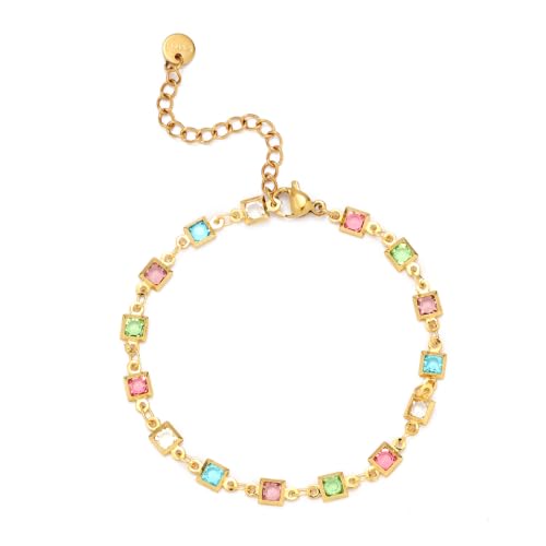 Dainty Gold Bracelets for Women, 18 Gold Plated Adjustable Evil Eye/Butterfly/Beaded/Pearl/Heart/Turquoise Handmade Bracelet for Women - style: square colorful cubic zirconia