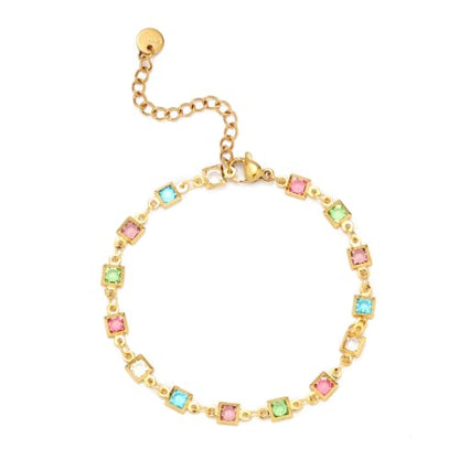 Dainty Gold Bracelets for Women, 18 Gold Plated Adjustable Evil Eye/Butterfly/Beaded/Pearl/Heart/Turquoise Handmade Bracelet for Women - style: square colorful cubic zirconia
