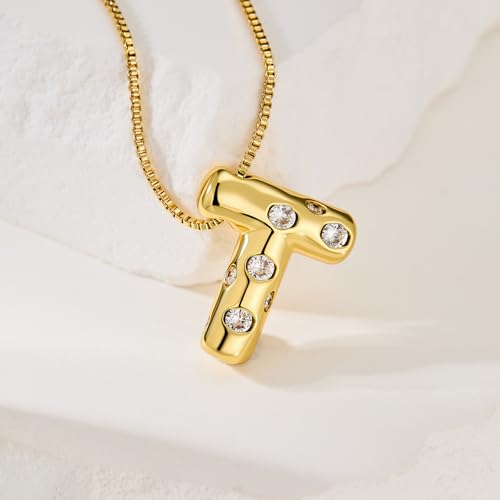 Cicy Bell Initial Necklace for Women 14k Gold Plated | Cubic Zirconia, Trendy, Personalized, Dainty Letter Pendant - color: T-Gold