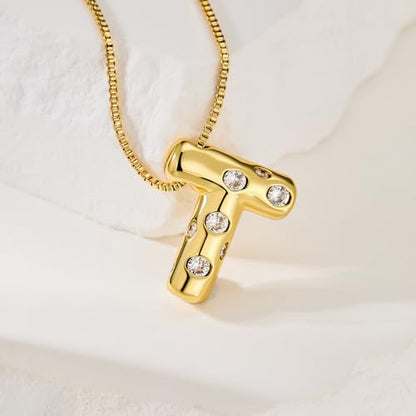 Cicy Bell Initial Necklace for Women 14k Gold Plated | Cubic Zirconia, Trendy, Personalized, Dainty Letter Pendant - color: T-Gold