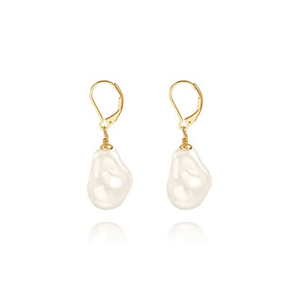 Handpicked White Pearl Earrings 18k Gold Plated Leverback Dangle Stud Pearl Earrings Jewelry for Women - style: Baroque Pearl
