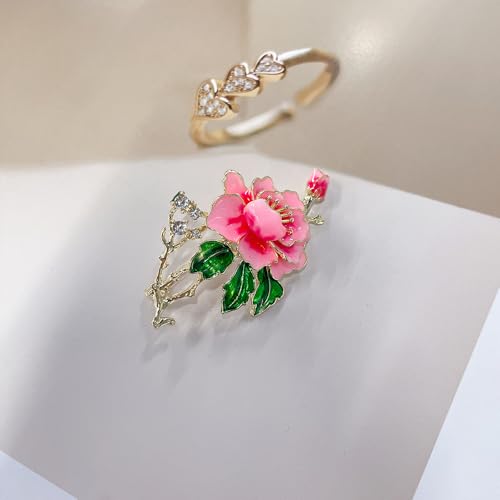 Peony Flower Brooch Pins for Women Gold-Tone Elegant Crystal Green Pink Enamel Floral Lapel Pins for Clothes Hat Dress Accessories Wedding Party Prom Fashion Jewelry