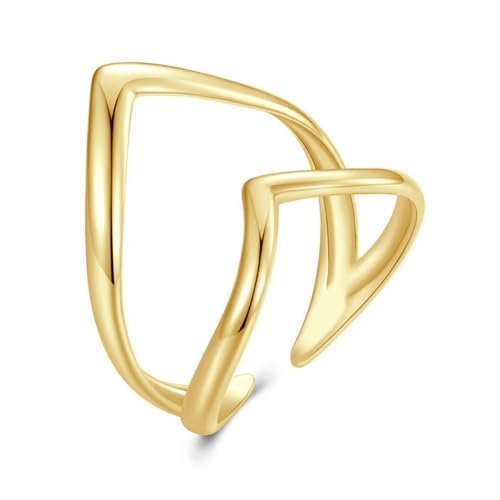 Silver Open Adjustable Stacking Rings for Women, Minimalist Wrap Band Set, Geometric/Heart/Wave/Leaf/Spiral Styles, Hypoallergenic, Gift Box Included, Thumb Ring Option - color: 14K V-shaped Heart