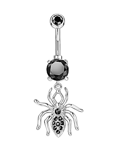 Belly Button Ring Dangle, Cross Belly Button Ring, Navel Piercing | 316L Surgical Steel, AAA+ Cubic Zirconia, Nickel-Free, Hypoallergenic, Multi-Style, 14 Gauge 10 mm Screw On Piercing Stud - style: Black CZ Spiders