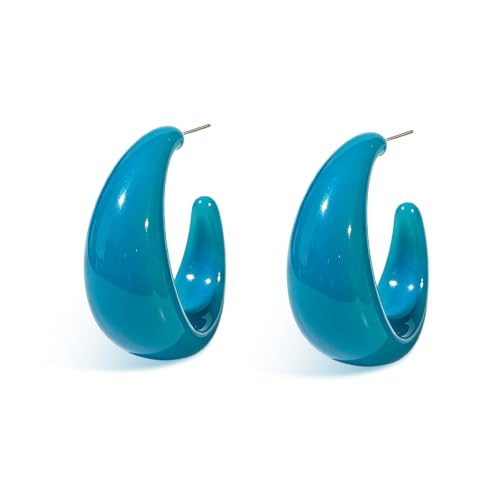 Chunky Acrylic Resin Hoop Earrings 80s 90s Statement Earrings | Thick Lightweight Costume Jewelry for Women Daily, Party, Vacation Wear, Gift for Her - color: Blue