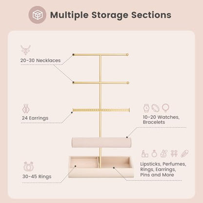 Lolalet Jewelry Holder Tree with Velvet Tray, 4 Tiers Necklace Display Stand Rack with Ring Slots Organizer for Earrings Bracelets Bangles Ring, Valentine's Day Gift -Beige - color: Beige