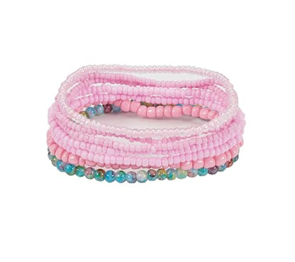Boho Colorful Stackable Crystal Glass Beads Stretch Bracelets Multilayered Bracelets for Women Bohemian Jewelry - color: Pink 7pcs