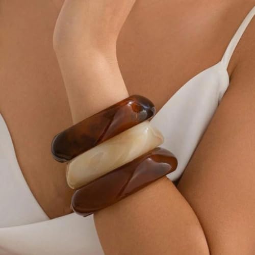 2PCS Chunky Acrylic Bracelet for Women Large Square Resin Cuff Vintage Open Bangle Bracelets Wide Geometric Jewelry - style: 3pcs-red+beige+red