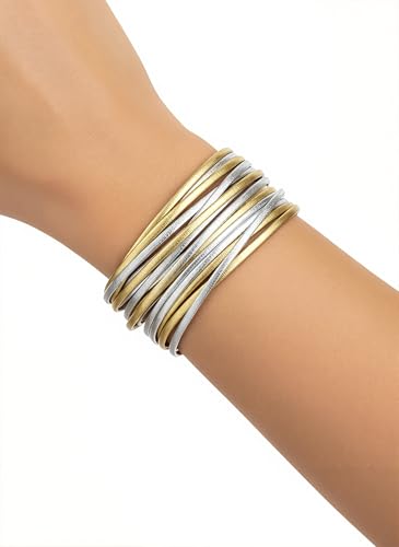Edoneery Leather Wrap Bracelets for Women, Boho Layered Cuff Bangle | Multi-layer Leather Cuff, Daily wear, Stackable Bangle, Easy on-off, Western Jewelry Gifts for Women - color: Gold and Silver