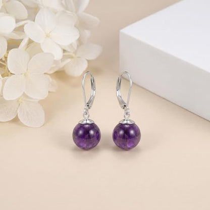 Pearl Leverback Earrings for Women Dangle Round Gemstone Earrings Birthstone Jewelry Gift Anniversary for Her - color: 23 Amethyst