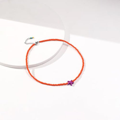Seed Bead Choker Necklace for Women Bohemian Tiny Beads Choker Colorful Rice Bead Starfish Choker Summer Surfer Beach Necklace Jewelry Gift - color: Orange