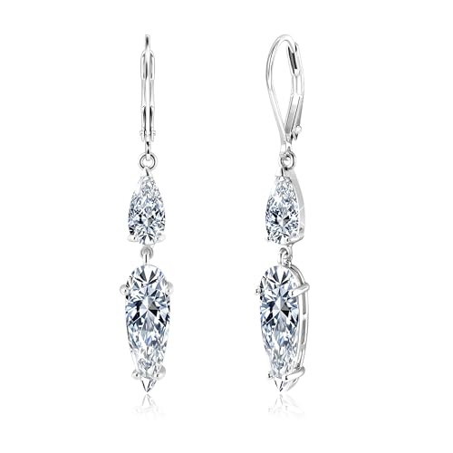 ALEXCRAFT Silver Long Teardrop Dangle Earrings for Women Hypoallergenic Cubic Zirconia Drop Leverback Earrings Trendy CZ 2-Stone Long Crystal Teardrop Dangle Earings for Jewelry Gifts - color: Silver