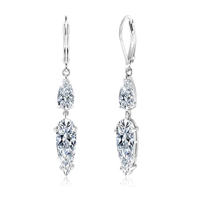 ALEXCRAFT Silver Long Teardrop Dangle Earrings for Women Hypoallergenic Cubic Zirconia Drop Leverback Earrings Trendy CZ 2-Stone Long Crystal Teardrop Dangle Earings for Jewelry Gifts - color: Silver