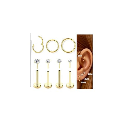 Incaton 18G Threadless Flat Back Stud Earrings For Women Men, 316L Surgical Steel Hypoallergenic Push in Nose Studs CZ Nose Nostril Tragus Helix Labret Studs Lip Rings Piercing Jewelry - color: 3 HOOP + 4 STUD GOLD
