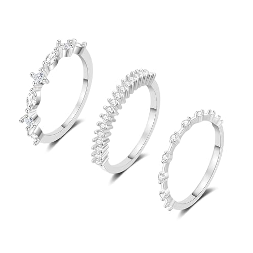 FUNEIA Stackable Silver Gold Rings for Women Non Tarnish 14K Gold Plated Thumb Cubic Zirconia Rings for Women Dainty Pinky Promise Wedding Ring Set Women's Engagement Eternity Band Rings Gold Jewelry - color: C-Silver Stackable Rings