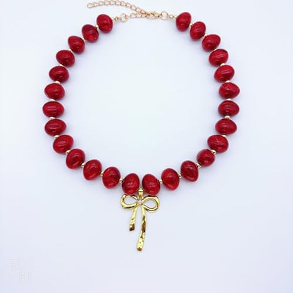 Red Beaded Necklace for Women Chunky Beaded Necklace Adjustable Acrylic Bead Choker Necklaces Big Statement Necklaces Jewelry Accessories - color: Red Bead Bow Necklace
